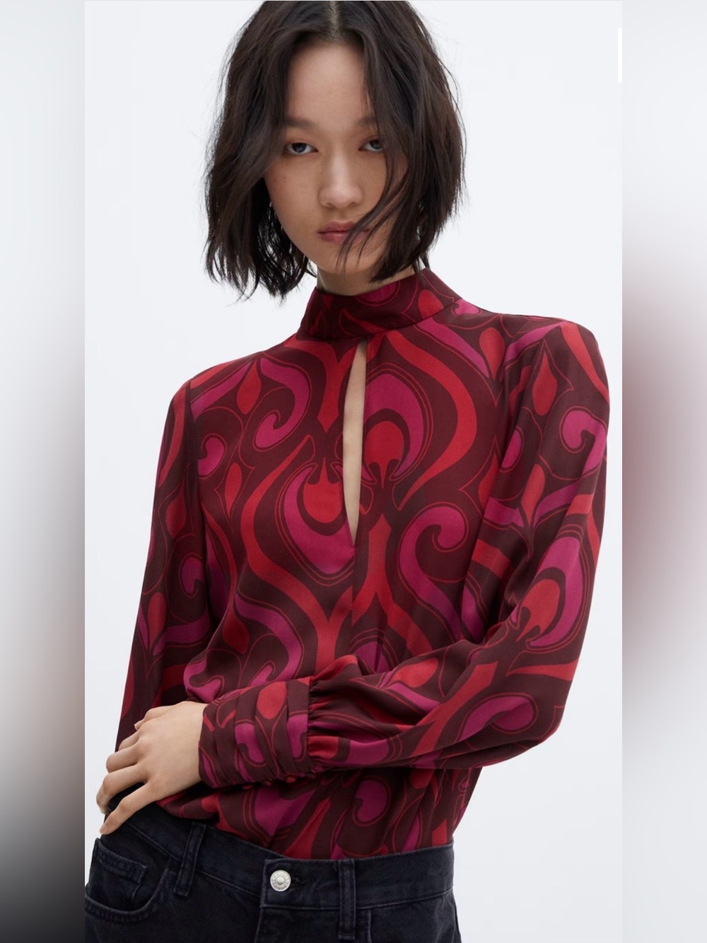 Mango Red and Pink Swirl High-Neck Blouse